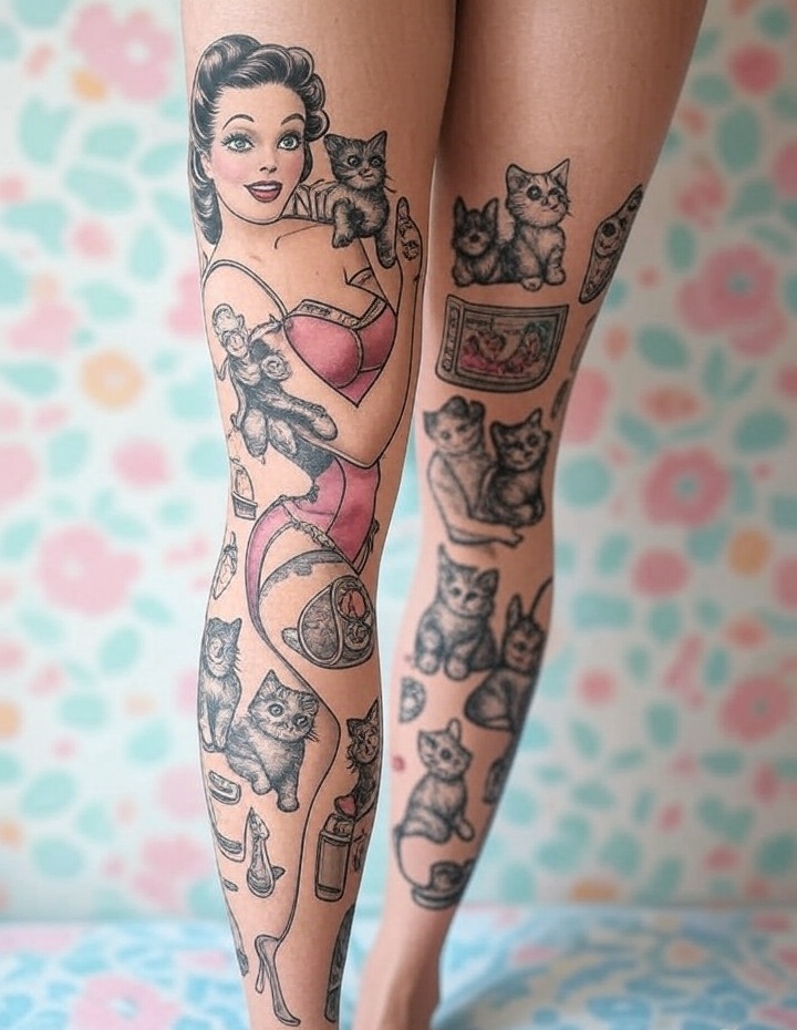 25 Full Leg Sleeve Tattoos for Women That Will Make You Reconsider Your Next Ink! (Number 7 Is a Game Changer!) - 4. Vintage Pin-Up