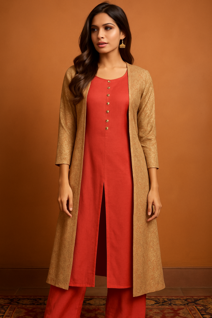30 Stunning Traditional Indian Dresses for Females That Will Turn Heads - 28. Striking Kurti with Jacket