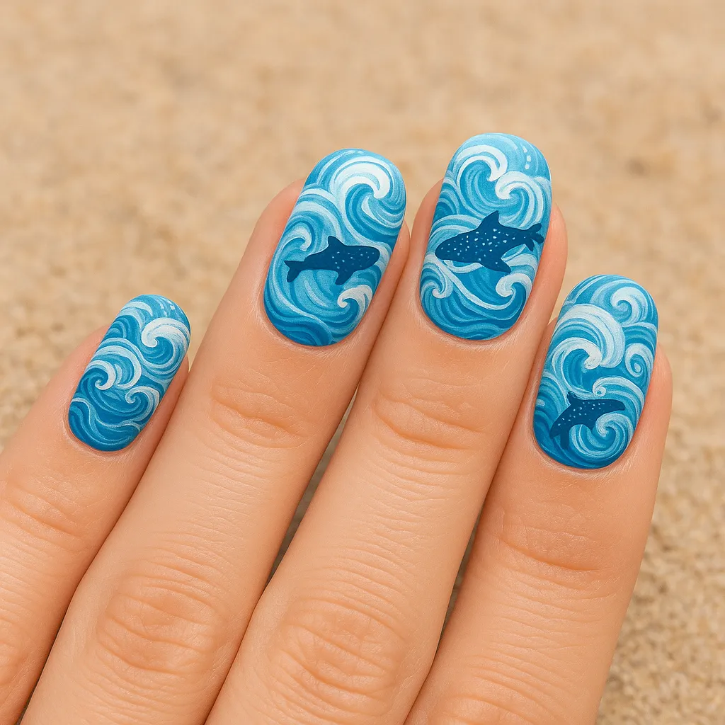 25 Beautiful Whale Shark Nails That Will Make Waves in Your Beauty Routine! - 3. Artistic Ocean Waves
