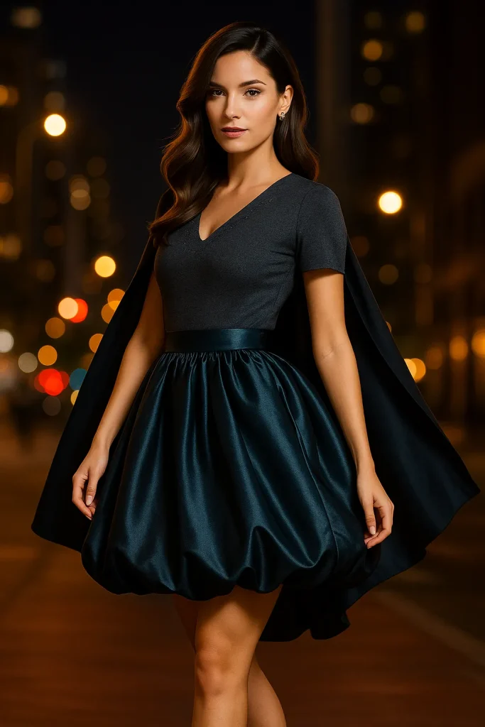 30 Very Stylish Bubble Skirts That Will Make You the Center of Attention! - 23. Cape-Style Bubble Skirt