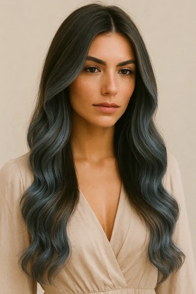 30 Irresistibly stunning Long Hair Balayage Styles for Brunettes You Can't Miss! - 24. Dusty Blue Balayage