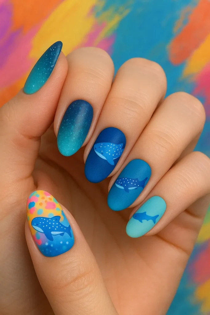 25 Beautiful Whale Shark Nails That Will Make Waves in Your Beauty Routine! - 16. Eclectic Mix-N-Match Styles