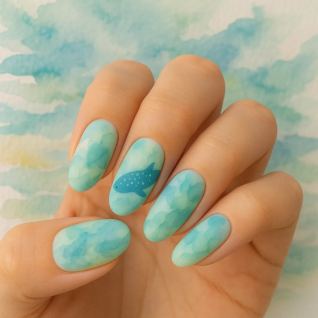 25 Beautiful Whale Shark Nails That Will Make Waves in Your Beauty Routine! - 20. Elegant Watercolor Whale Shark