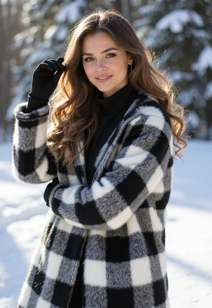 Unleash Your Inner Diva: 30 Super Charming Gingham Revival Outfits! - 26. Gingham Faux Fur Coat