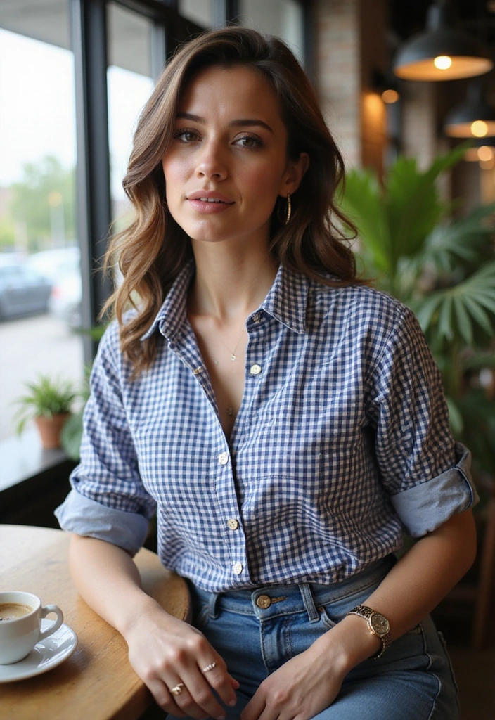 Unleash Your Inner Diva: 30 Super Charming Gingham Revival Outfits! - 12. Gingham Button-Up Shirt