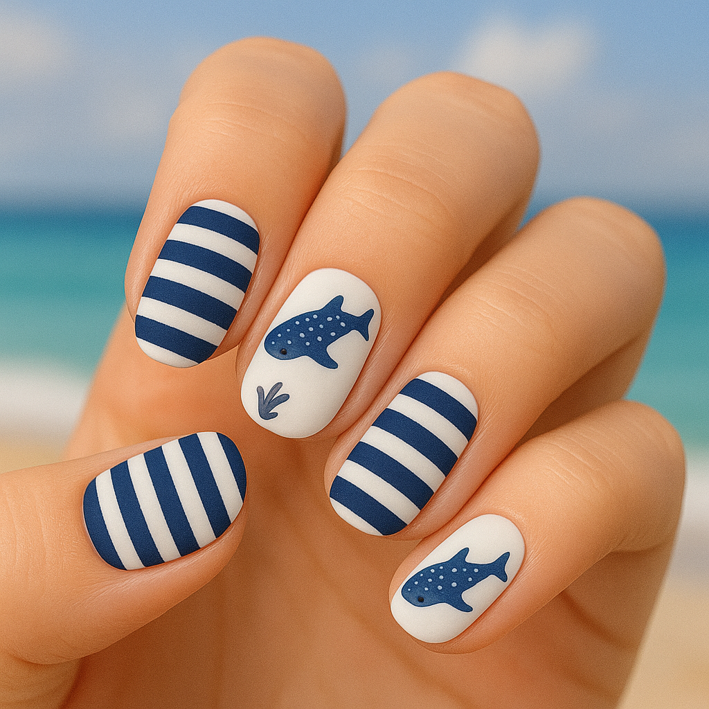 25 Beautiful Whale Shark Nails That Will Make Waves in Your Beauty Routine! - 14. Nautical Stripes
