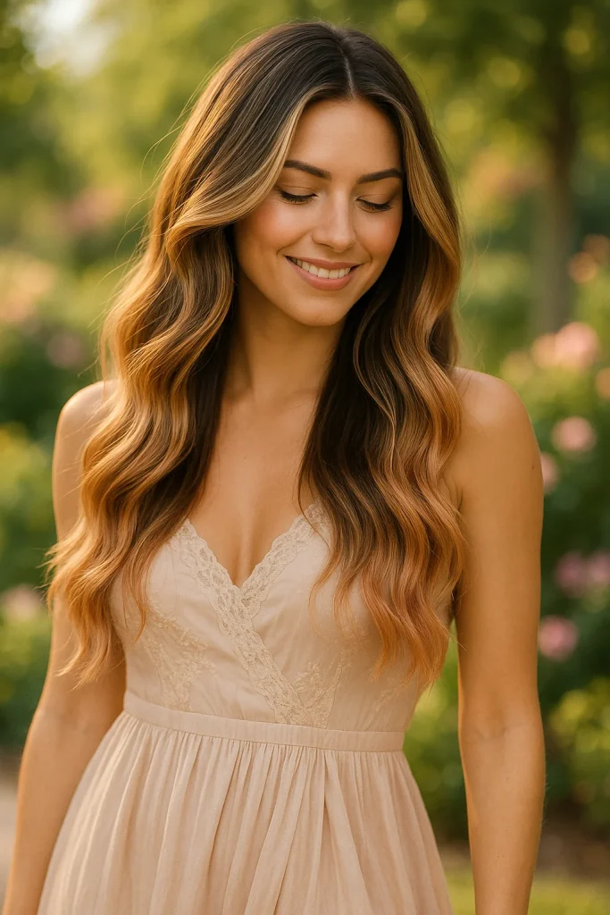 30 Irresistibly stunning Long Hair Balayage Styles for Brunettes You Can't Miss! - 12. Peachy Balayage