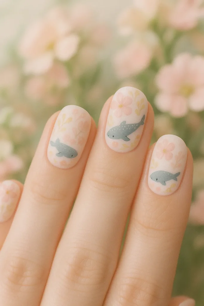 25 Beautiful Whale Shark Nails That Will Make Waves in Your Beauty Routine! - 24. Soft Floral Whale Shark