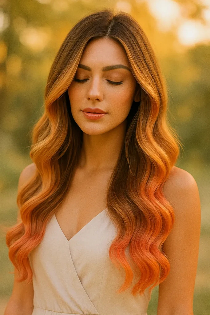 30 Irresistibly stunning Long Hair Balayage Styles for Brunettes You Can't Miss! - 28. Sunset Glow Balayage