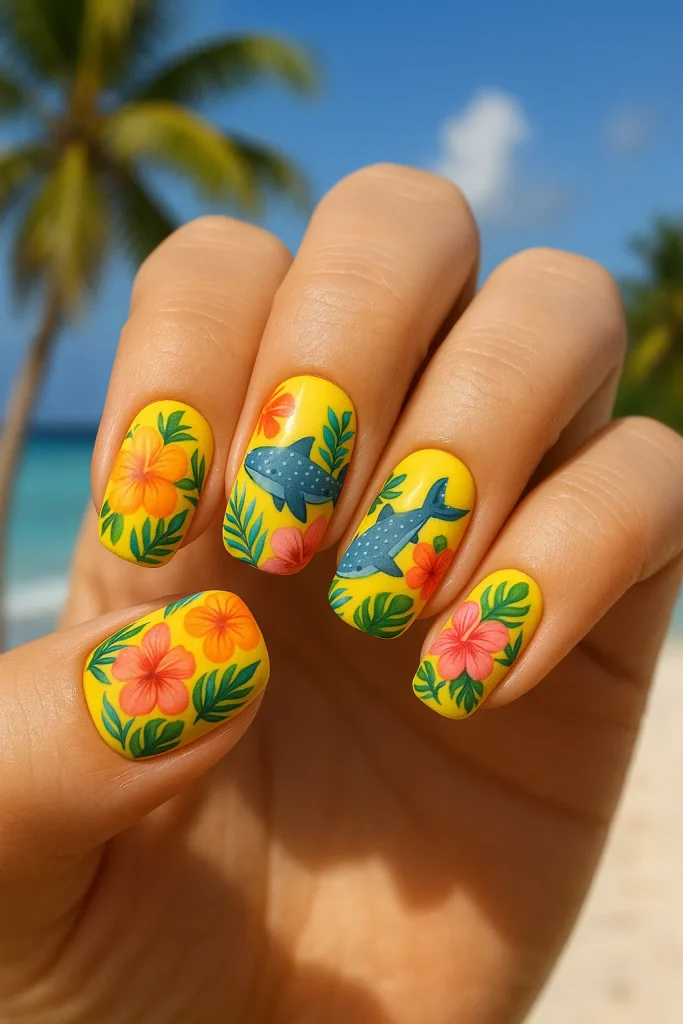25 Beautiful Whale Shark Nails That Will Make Waves in Your Beauty Routine! - 7. Tropical Paradise Nails