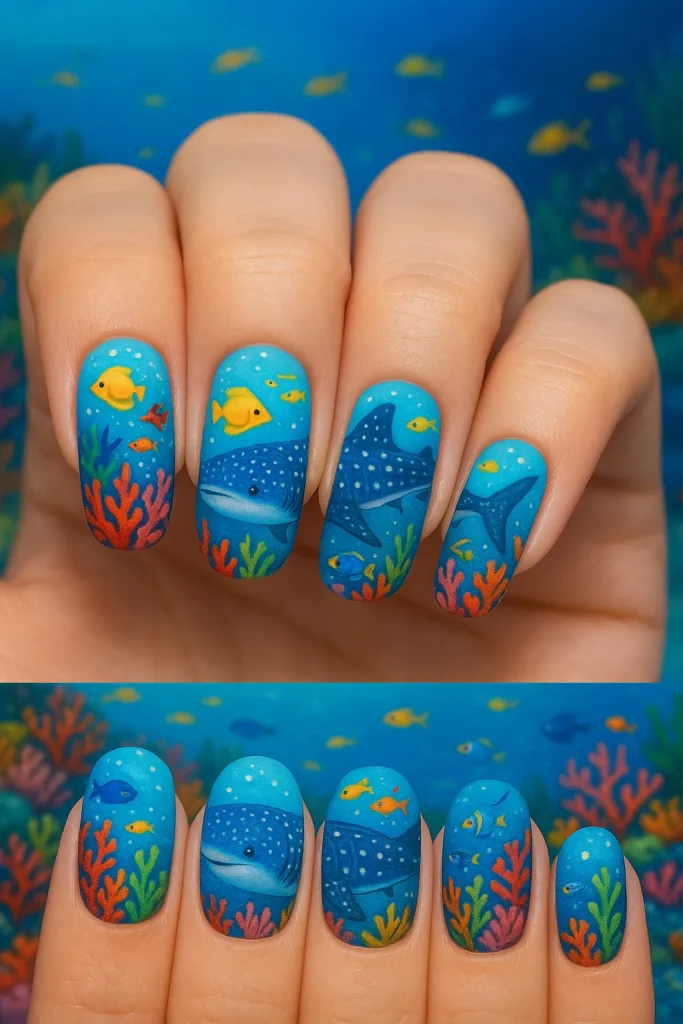 25 Beautiful Whale Shark Nails That Will Make Waves in Your Beauty Routine! - 17. Underwater Scene