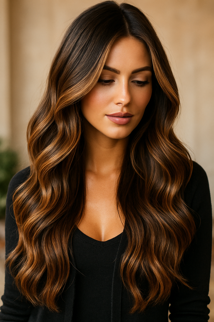 30 Irresistibly stunning Long Hair Balayage Styles for Brunettes You Can't Miss! - 1. Warm Caramel Highlights