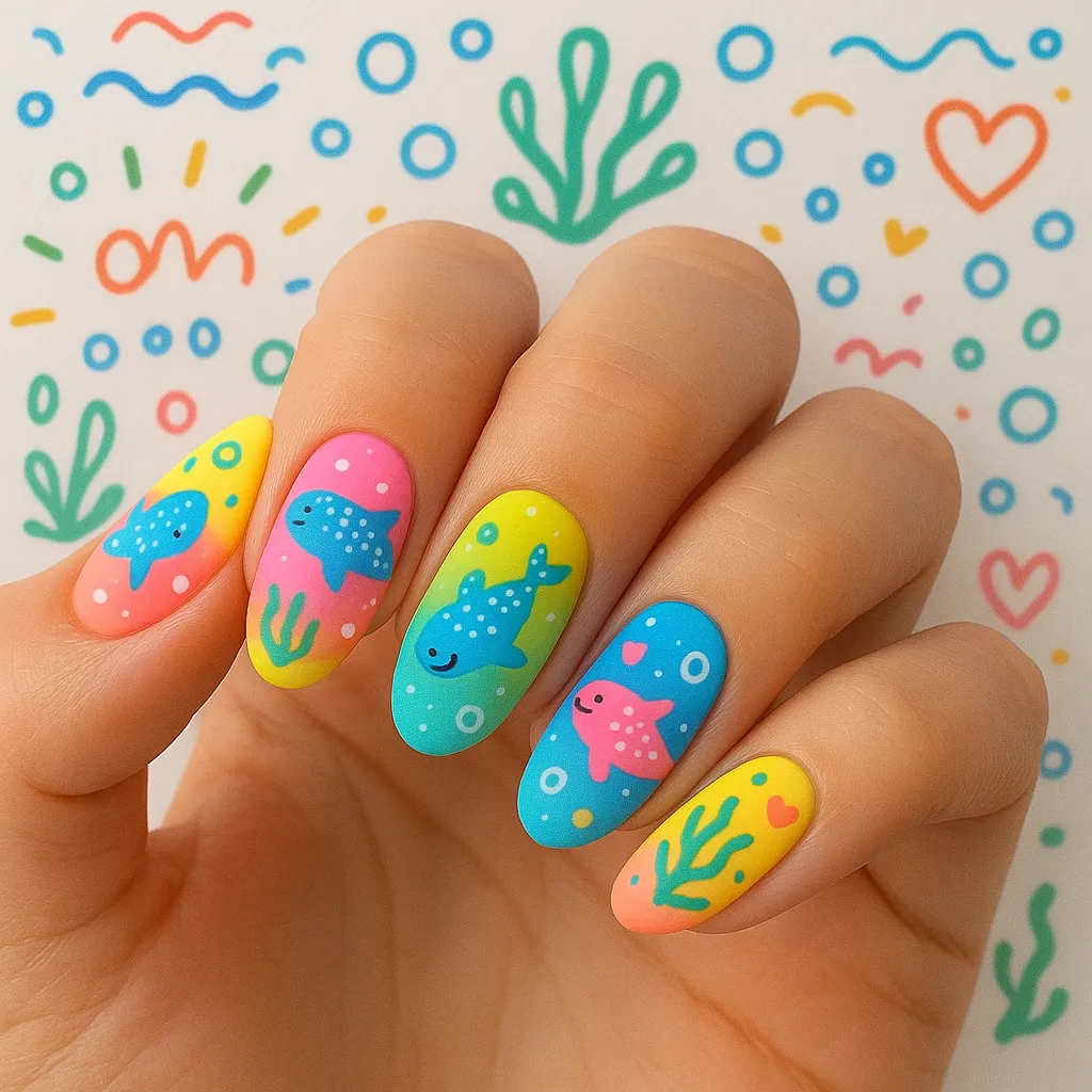 25 Beautiful Whale Shark Nails That Will Make Waves in Your Beauty Routine! - 19. Whimsical Doodle Designs