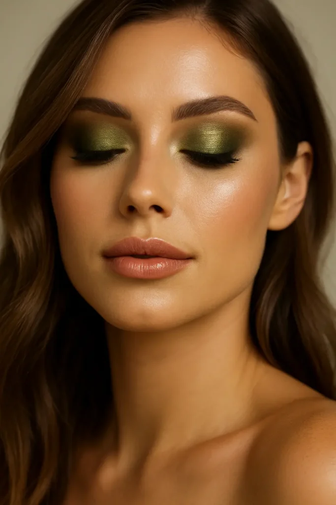 30 Very Stylish Fall Makeup Looks That Will Turn Heads This Season! - 28. Earthy Green with Highlighter