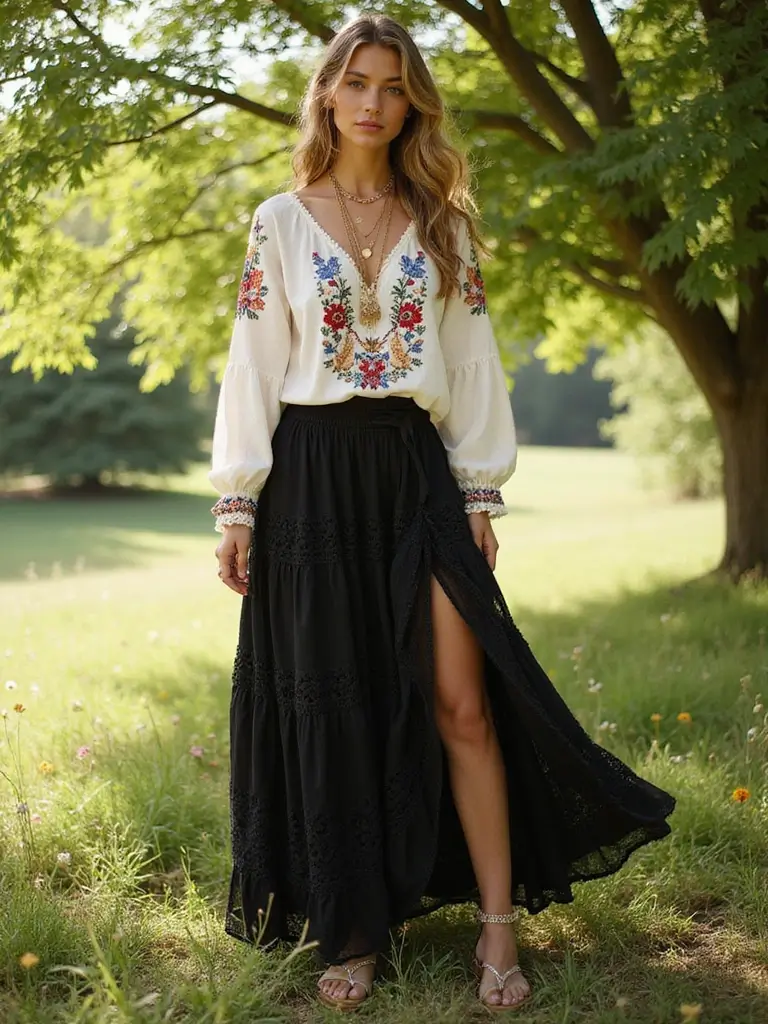 30 Ultra Stunning Black Maxi Skirt Looks with Lace and Sheer Details. 3. Boho Chic Vibes