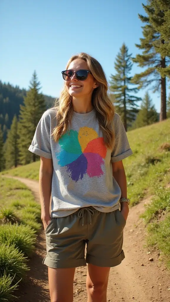 30 Very Stylish Hiking Outfits And Gear For Glamorous women. 22. Bold Graphic Tees