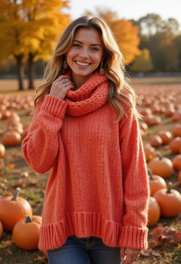 30 Alluring Pumpkin Patch Outfits That Own Fall Photoshoots  16. Bright Colors for Drab Days
