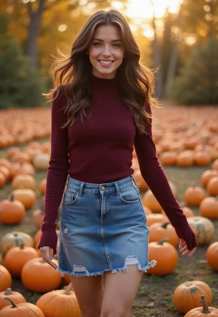 30 Alluring Pumpkin Patch Outfits That Own Fall Photoshoots  18. Casual Chic with Denim Skirts