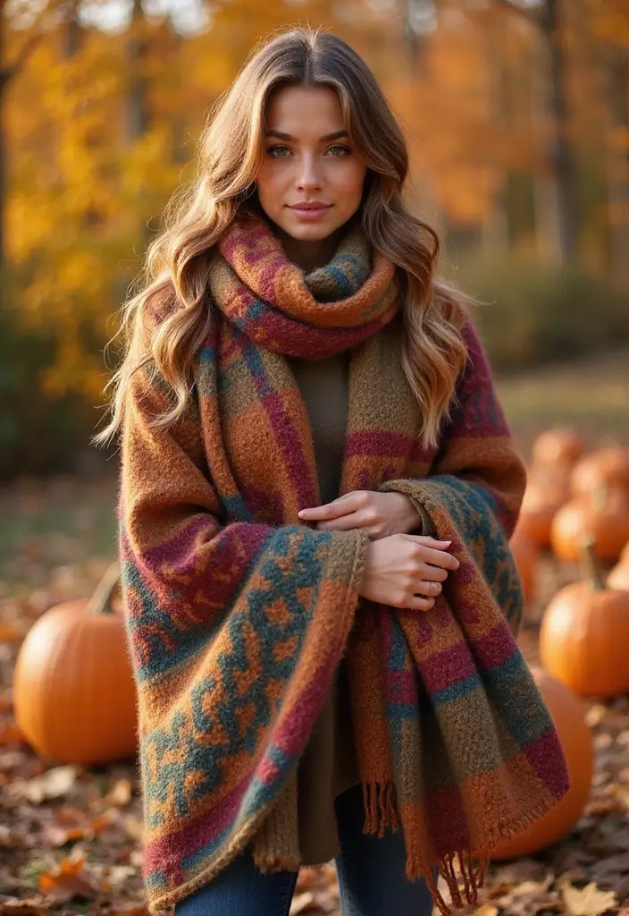 30 Alluring Pumpkin Patch Outfits That Own Fall Photoshoots  23. Cozy Blanket Scarves