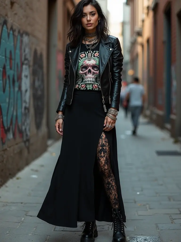 30 Ultra Stunning Black Maxi Skirt Looks with Lace and Sheer Details. 4. Edgy and Chic