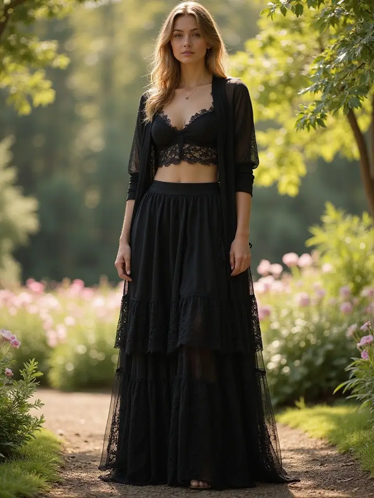 30 Ultra Stunning Black Maxi Skirt Looks with Lace and Sheer Details. 16. Ethereal Layers