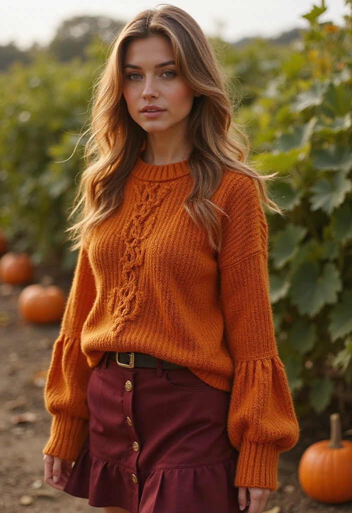 30 Alluring Pumpkin Patch Outfits That Own Fall Photoshoots 14. Fisherman Sweaters and Cute Skirts