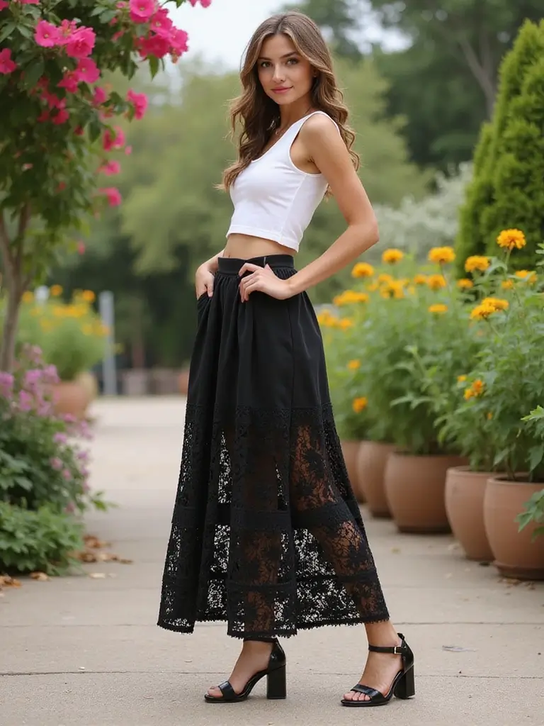 30 Ultra Stunning Black Maxi Skirt Looks with Lace and Sheer Details. 9. Flirty and Fun