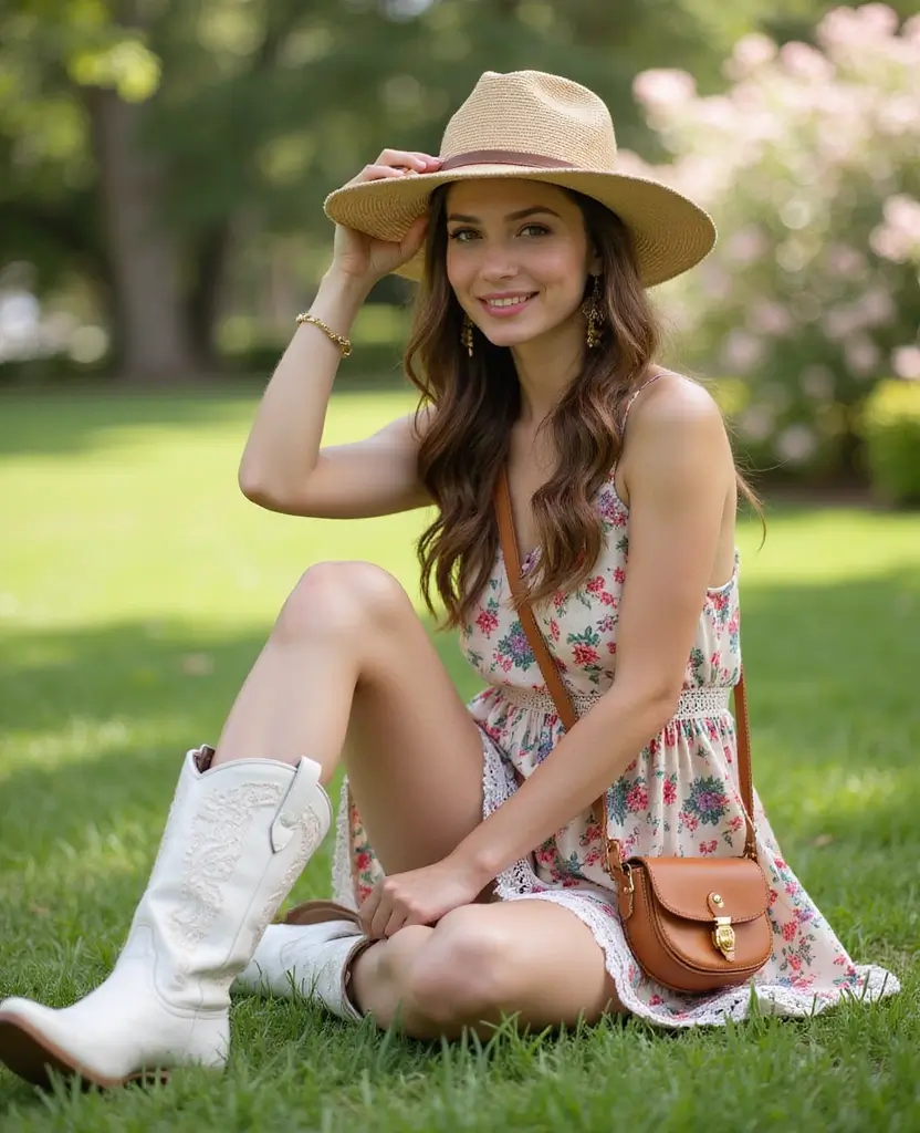 30 Slip Dresses & Cowboy Boots Outfits That'll Make Heads Turn. 2. Floral Slip Dress for a Fun Day Out