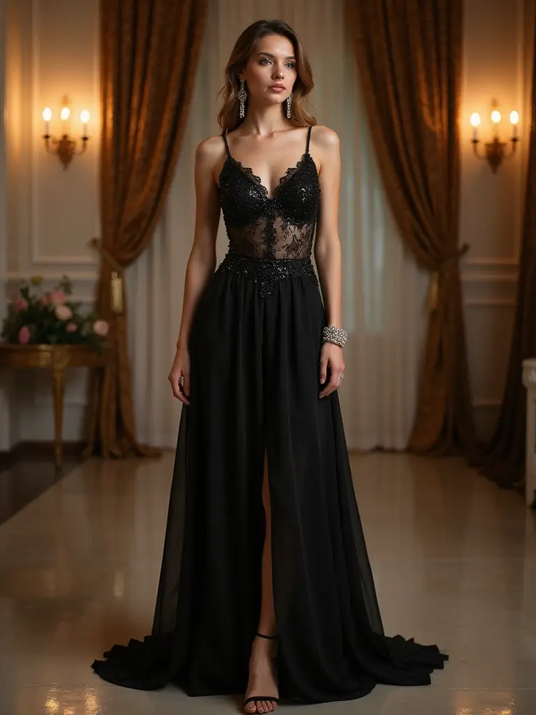 30 Ultra Stunning Black Maxi Skirt Looks with Lace and Sheer Details. 29. Glamorous Evening Dress