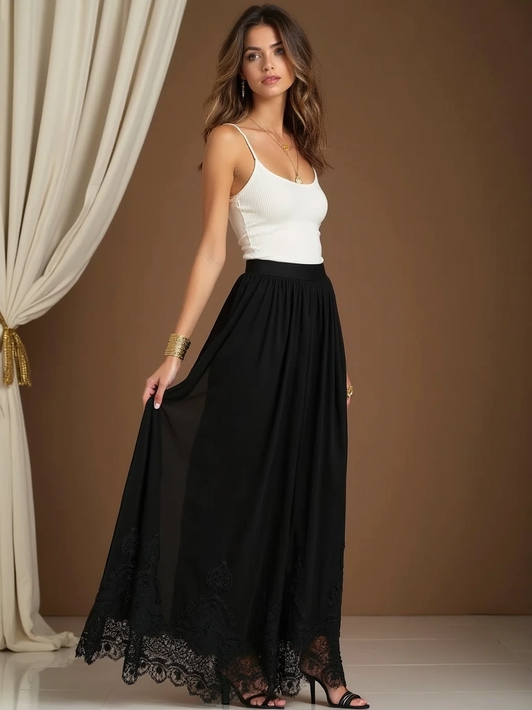 30 Ultra Stunning Black Maxi Skirt Looks with Lace and Sheer Details. 1. Lace Hem Elegance