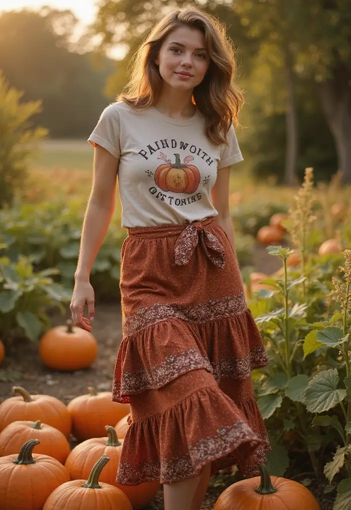30 Alluring Pumpkin Patch Outfits That Own Fall Photoshoots 8. Layered Skirts and Graphic Tees