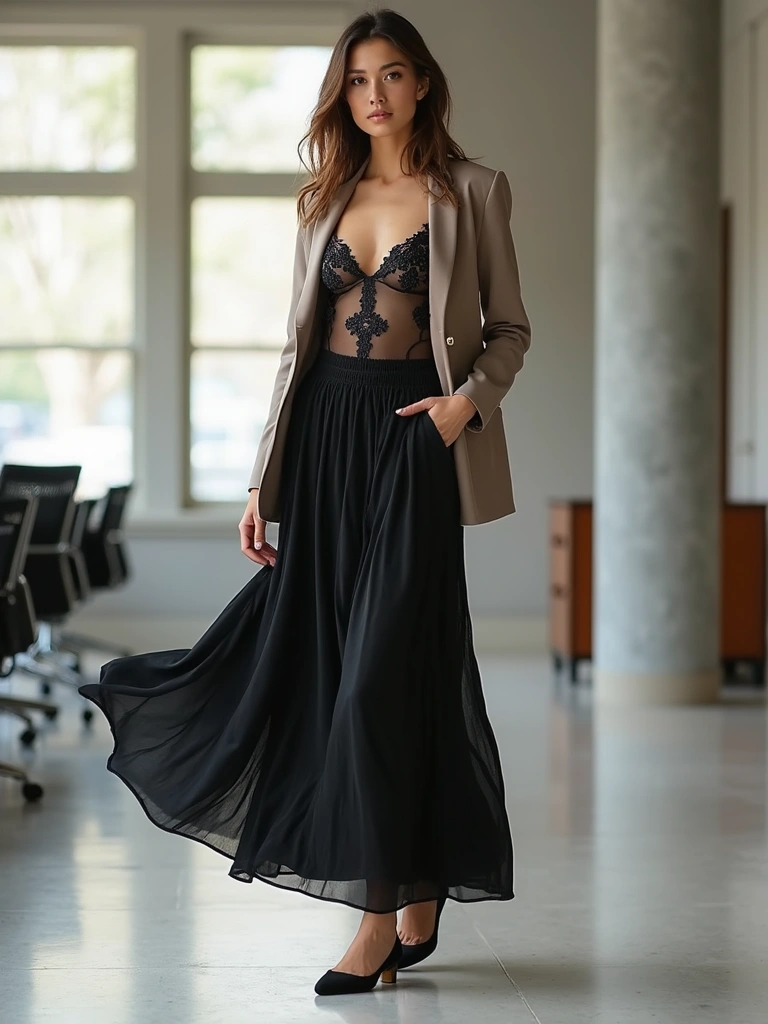 30 Ultra Stunning Black Maxi Skirt Looks with Lace and Sheer Details. 8. Layering with Style