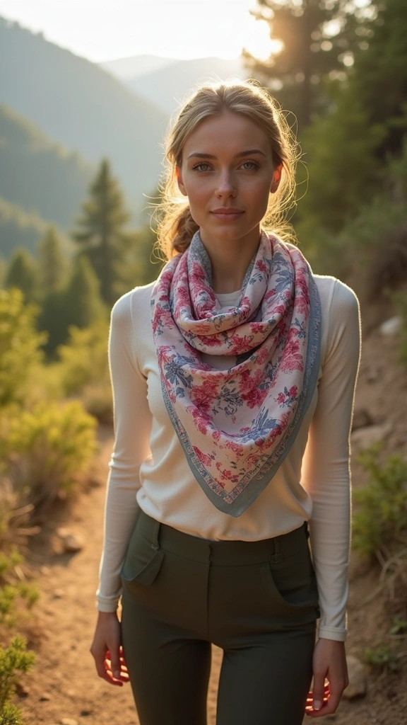 30 Very Stylish Hiking Outfits And Gear For Glamorous women. 16. Light Scarves for Style and Protection