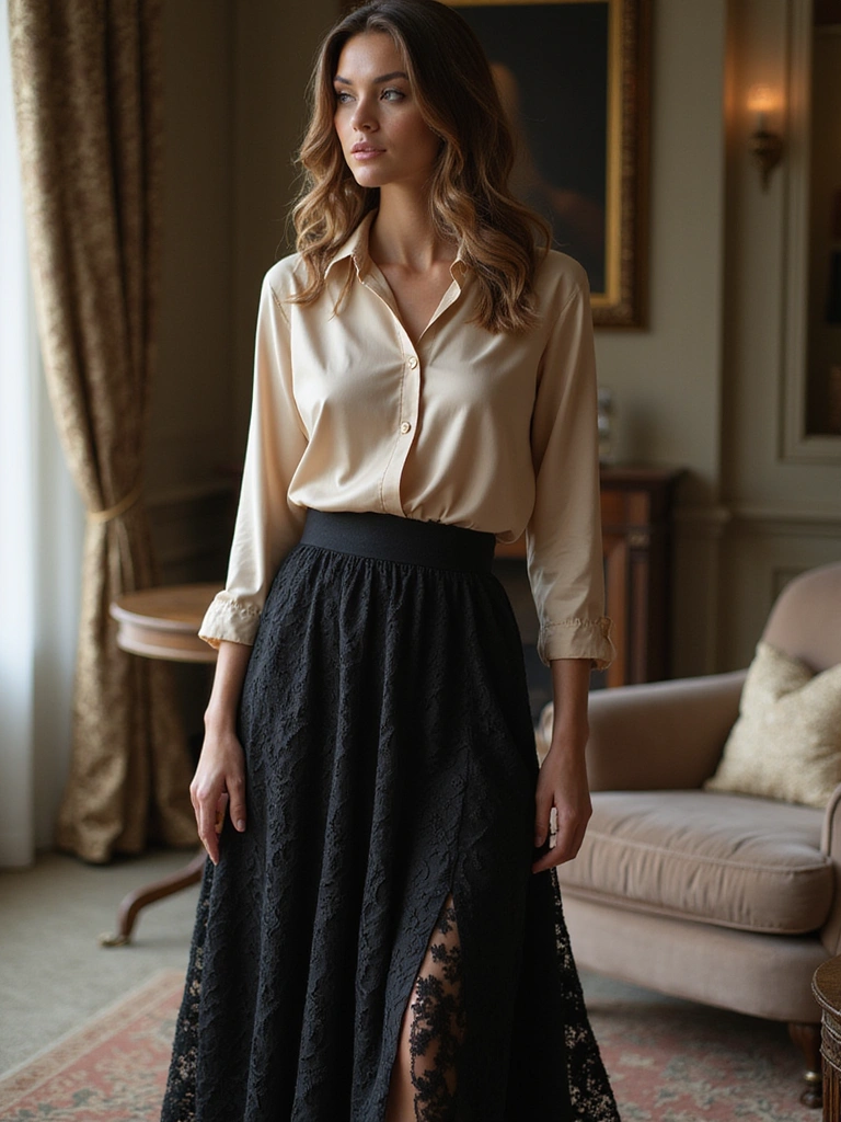 30 Ultra Stunning Black Maxi Skirt Looks with Lace and Sheer Details. 19. Luxe Fabrics