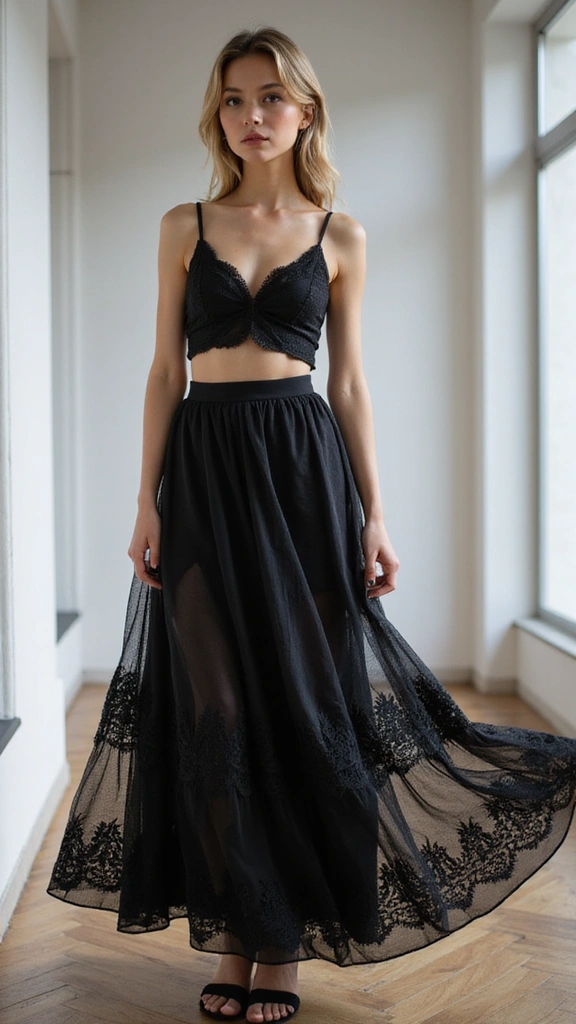 30 Ultra Stunning Black Maxi Skirt Looks with Lace and Sheer Details. 25. Minimalist Layering