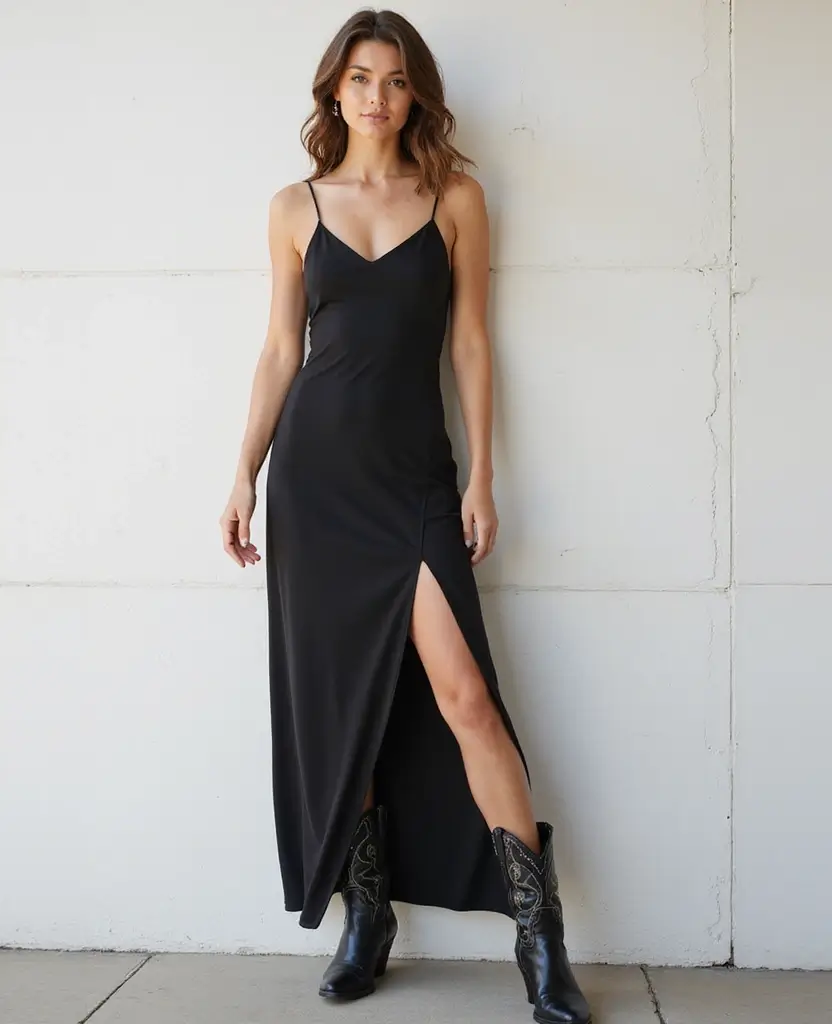 30 Slip Dresses & Cowboy Boots Outfits That'll Make Heads Turn. 10. Monochrome Slip Dress Outfit