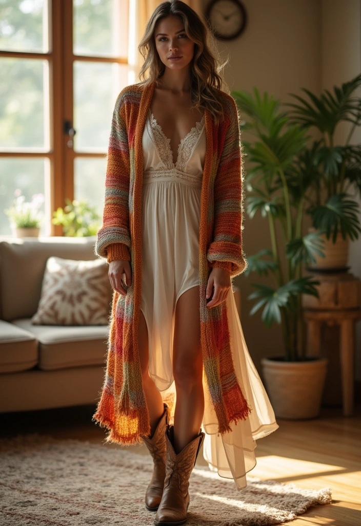 30 Slip Dresses & Cowboy Boots Outfits That'll Make Heads Turn. 17. Slip Dress with Colorful Cardigan