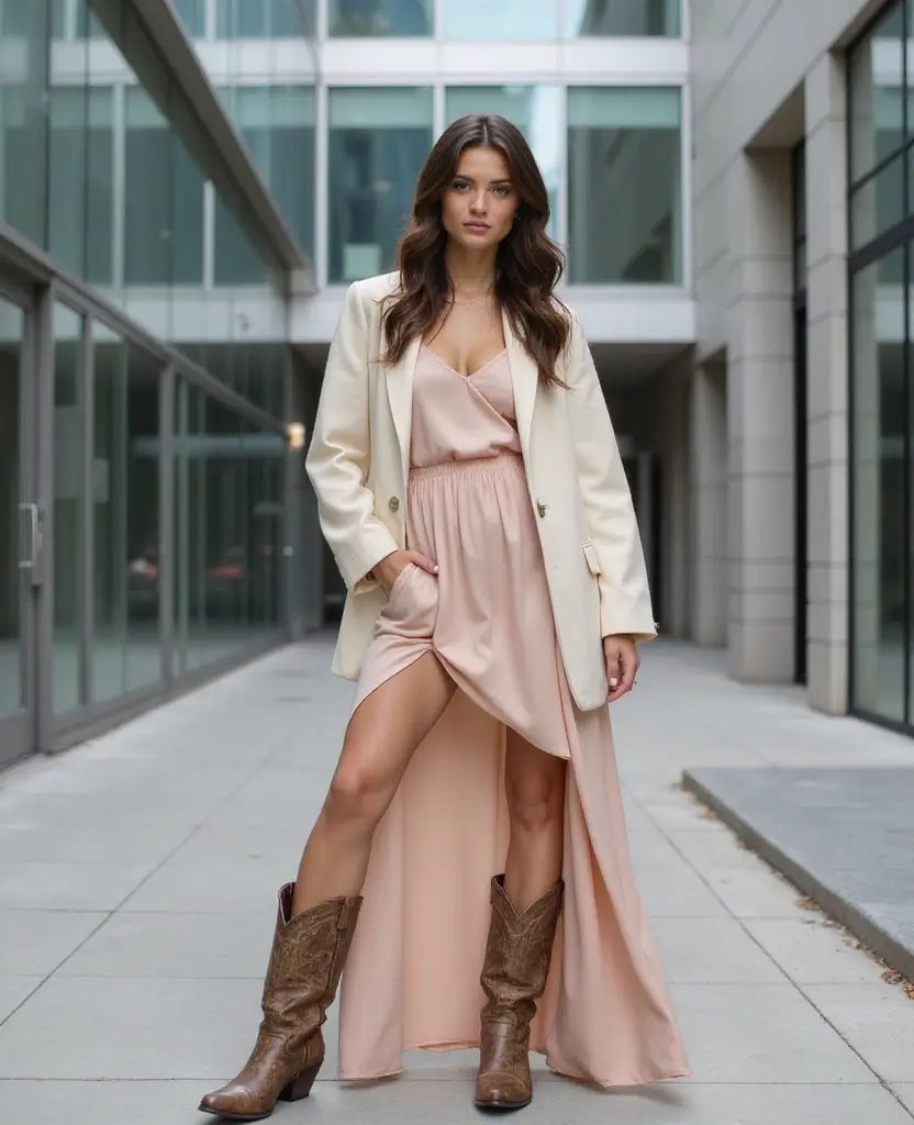30 Slip Dresses & Cowboy Boots Outfits That'll Make Heads Turn. 9. Slip Dress with an Oversized Blazer