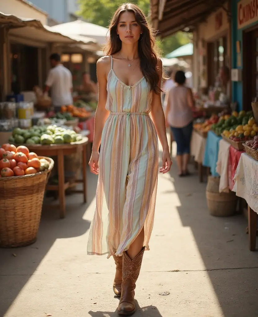 30 Slip Dresses & Cowboy Boots Outfits That'll Make Heads Turn. 19. Striped Slip Dress and Cowboy Boots
