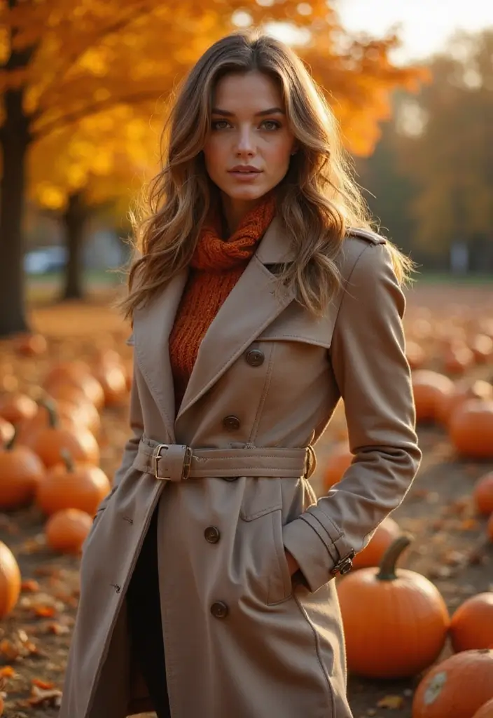 30 Alluring Pumpkin Patch Outfits That Own Fall Photoshoots 10. Stylish Trench Coats