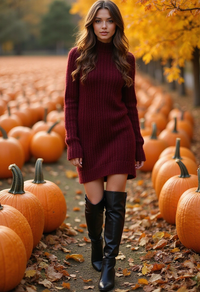 30 Alluring Pumpkin Patch Outfits That Own Fall Photoshoots 9. Sweater Dress Delight