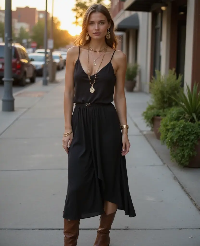 30 Slip Dresses & Cowboy Boots Outfits That'll Make Heads Turn. 1. The Classic Black Slip Dress