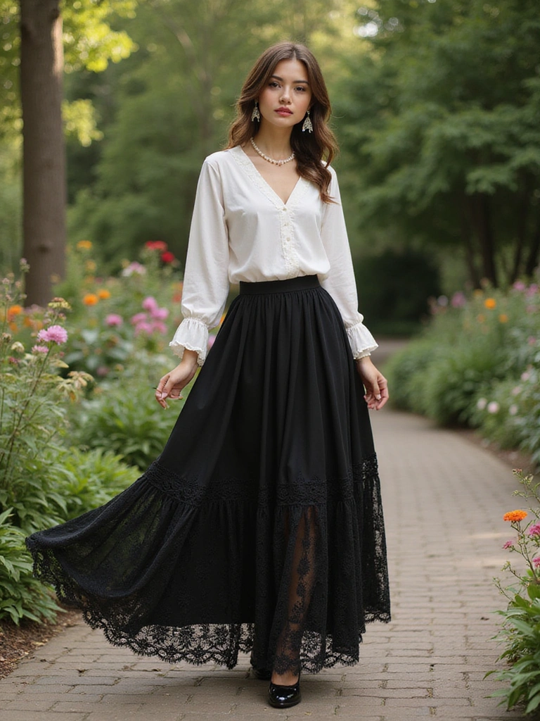30 Ultra Stunning Black Maxi Skirt Looks with Lace and Sheer Details. 14. Vintage Twist