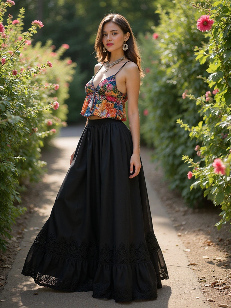 30 Ultra Stunning Black Maxi Skirt Looks with Lace and Sheer Details. 30. Whimsical Flair