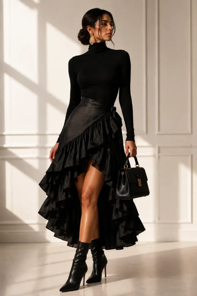 3. Black Ruffle Maxi Skirt + Fitted Turtleneck