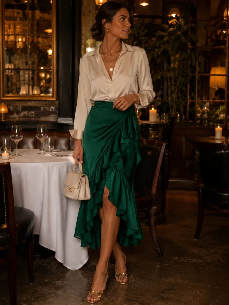Emerald Green Ruffle Skirt + Cream Silk Blouse