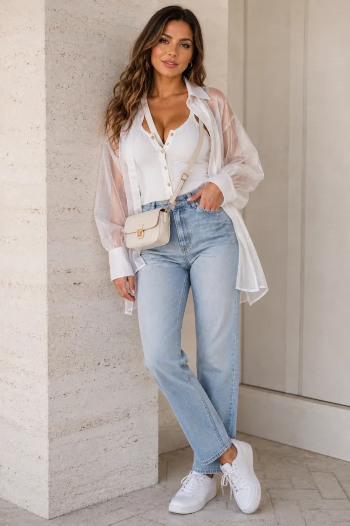 Layered Button Tank Top + Sheer Shirt + Straight-Leg Jeans