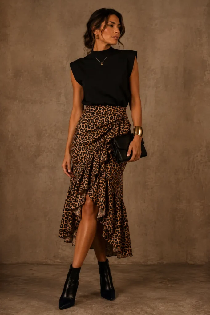 Leopard Print Ruffle Skirt + Black Mock Neck Top