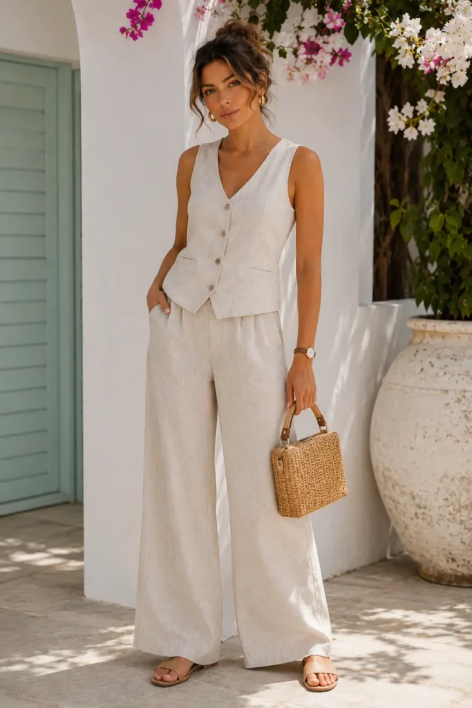 Linen Button Tank Top + Linen Trousers (Matching Set)