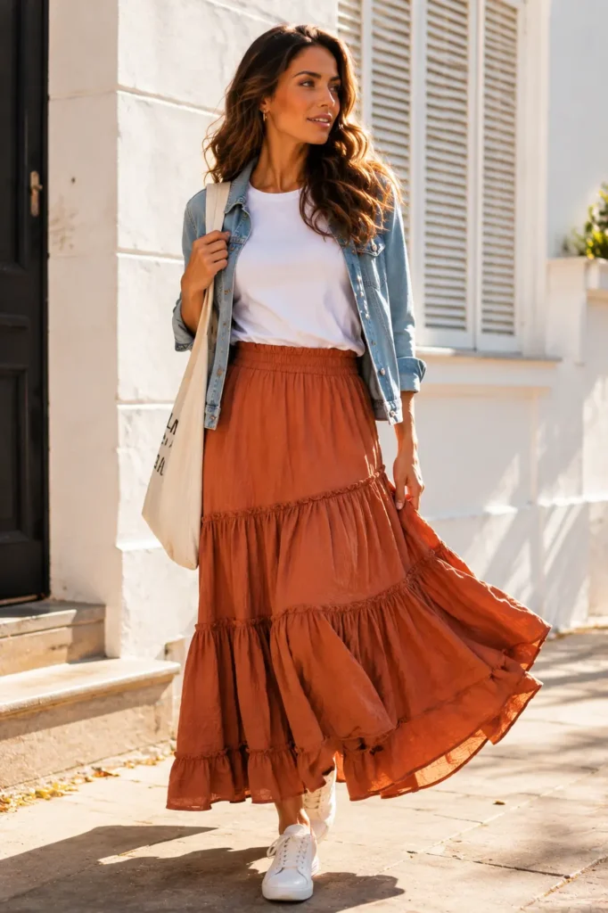5. Tiered Ruffle Maxi Skirt + Denim Jacket + Basic Tee